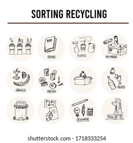 Sorting recycling isolated hand drawn doodles Vector set