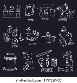 Ordenar el reciclado de doodles aislados dibujados a mano Conjunto de vectores