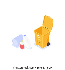 Sorting and recycling plastic waste. Vector isometric illustration on a white background.