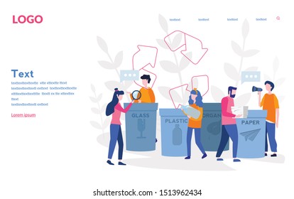 Sorting and recycling. Save the planet with sorting rubbish in trash bins.  Vector illustration for web banner, infographics, mobile. People putting rubbish in trash bins.