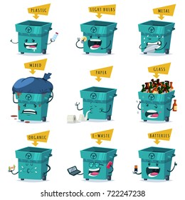 Sorting, recycling and waste disposal and trash. Vector cartoon character set of a cute and funny garbage can with different emotions which eats rubbish isolated on white background.