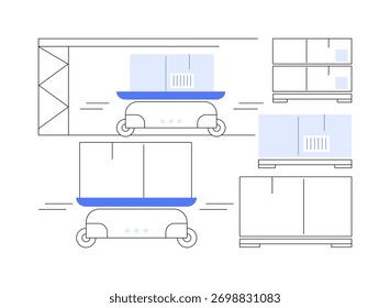 Ordenando robôs ilustrações isoladas de vetor de desenhos animados. Tecnologias inteligentes de inventário de armazém, robôs móveis autônomos de triagem de encomendas no estoque, carga unitária, desenhos animados vetoriais de logística moderna.