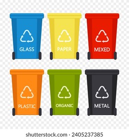 Clasificación, separación y reciclado ambiental de residuos en basureros. Ilustración vectorial.