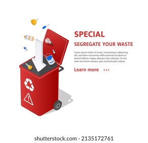 Ordenando residuos especiales. Electricidad, pinturas y productos químicos. Reciclaje y clasificación, Protección de la naturaleza de la contaminación. Sustancias nocivas y tipo especial de plástico. Ilustración vectorial isométrica de dibujos animados
