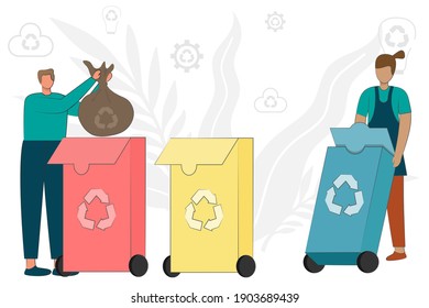 Sorting Trash for Recycle. Cartoon the character who cares about the environment and put rubbish in trash bin, dumpster, a container for recycling and reuse. flat design vector illustration