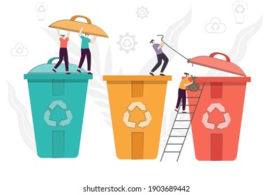 Sorting Trash for Recycle. Cartoon the character who cares about the environment and put rubbish in trash bin, dumpster, a container for recycling and reuse. flat design vector illustration