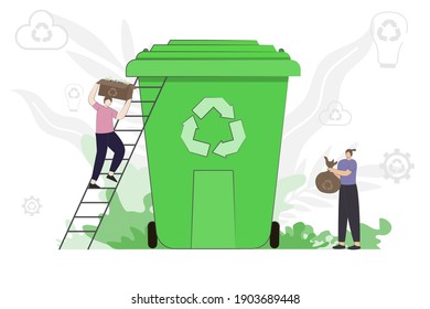 Sorting Trash for Recycle. Cartoon the character who cares about the environment and put rubbish in trash bin, dumpster, a container for recycling and reuse. flat design vector illustration