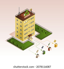 Sorting trash for recycling. Recyclable waste is separated into different containers. Care for ecology. Building with recycling symbol of the roof. Isometric vector illustration.