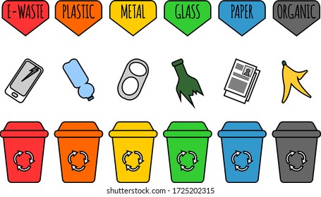 Sorting waste. Colored recycle bins, vector illustration, white background.