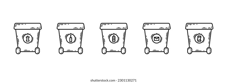 Sorting waste containers. Plastic dumpsters, eco containers, separate waste collection, taking care of environment, vector isolated. Trash cans with various garbage icons. Waste recycling