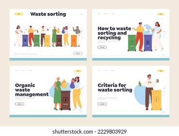 Clasificación de residuos para el concepto de protección ambiental de las páginas de desembarque de plantillas establecidas con personas clasifican basura para su reciclado. Reutilización y manejo de desechos. Dibujo vectorial plano de dibujos animados