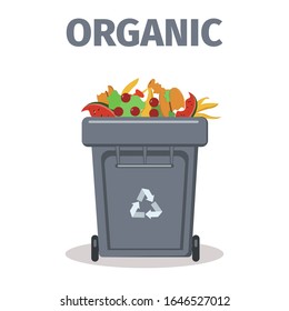 Clasificación de residuos. Basura para productos orgánicos. Gestión de desechos. Ilustración vectorial en un estilo plano aislado en fondo blanco. 