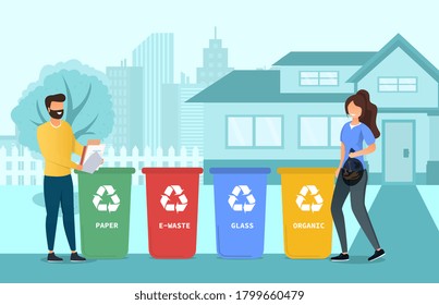 Sorting waste and household garbage for recycling in the street with a couple using colour coded bins for disposal, colored vector illustration