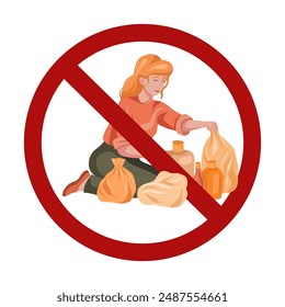 Sorting waste is prohibited. A woman sorts plastic into a forbidden sign isolated from the background. Utilize garbage in ban