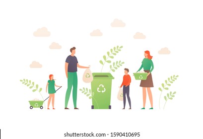 Sorting waste and recycle ecology concept. Vector flat people llustration. Family with children holding garbage to green bin. Design element for banner, poster, background, web, infographic.