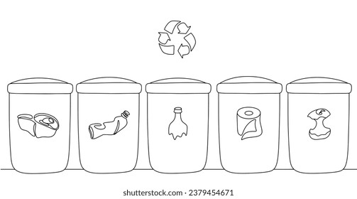 Sorting waste for recycling. Recycling bins for metal, plastic, paper, glass and organic waste. Global Recycling Day. One line drawing for different uses. Vector illustration.