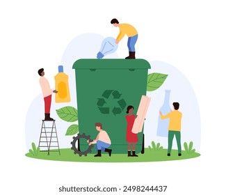 Sorting waste for recycling, garbage classification. Tiny people hold paper and light bulb, plastic and glass bottles to throw into trash container with recycle sign cartoon vector illustration