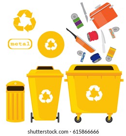 sorting of waste and recycling - metal. Symbols, types.Sorting garbage. Ecology and recycle concept. vector flat illustrations.