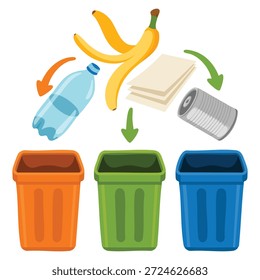 Sortieren von Abfällen für Recycling-Trennung und Mülltrennung Mülleimer flache Vektorgrafik ideal für Umweltbewusstsein und Nachhaltigkeitserziehung