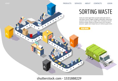 Sorting waste vector website template, web page and landing page design for website and mobile site development. Automated robot garbage sorting plant.