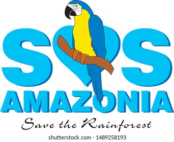 

Sos amazonia vector art, save the rainforest and a blue macaw