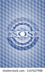 SOS blue badge with geometric background.
