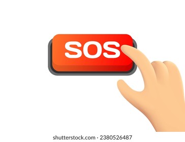 SOS button. Flat, color, hand on the button, SOS red button. Vector icon