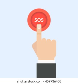 SOS button with hand vector illustration in flat style. Female finger presses the red button SOS. The concept of a request, call for help. 