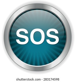 Sos button. round sticker. Metallic icon  