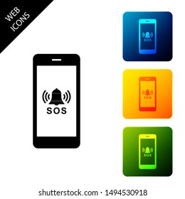 SOS call icon isolated. 911, emergency, help, warning, alarm. Set icons colorful square buttons. Vector Illustration