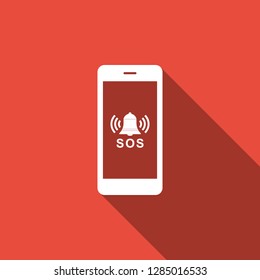 SOS call icon isolated with long shadow. 911, emergency, help, warning, alarm. Flat design. Vector Illustration