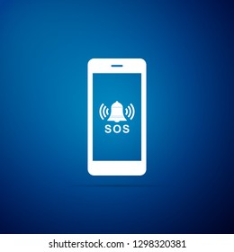 SOS call icon isolated on blue background. 911, emergency, help, warning, alarm. Flat design. Vector Illustration