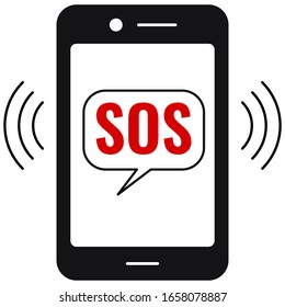 Sos call or sms on emergency phone vector icon isolated on white background. Flat simple design black touchscreen smartphone and red text SOS in speach bubble. Phone screen with hotline message.