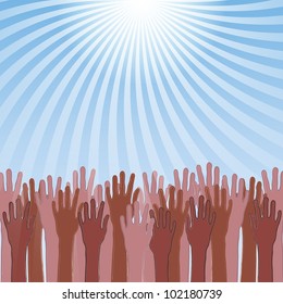sos concept, hands needing help and sun rays on blue sky