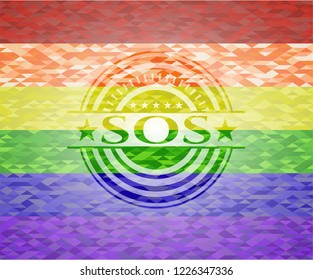 SOS emblem on mosaic background with the colors of the LGBT flag