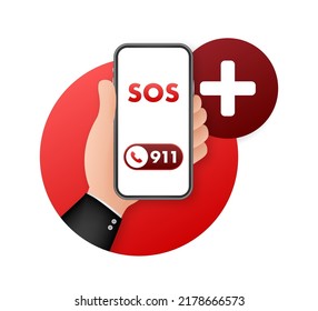 Llamada de emergencia SOS. 911 llamando. Un grito de ayuda. Ilustración de material vectorial.