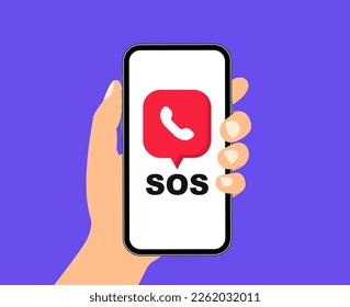 SOS emergency call in the phone. SOS message. SOS bell red icon. Emergency hotline. 911 calling. Hotline concept. First aid. Vector illustration.