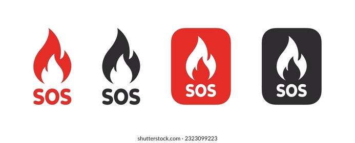 SOS Emergency icons. SOS signs with flame icon. Help service sign. Vector scalable graphics