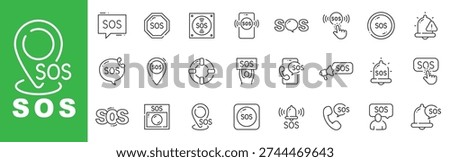 SOS emergency line icon set featuring alert buttons, sirens, hotline calls, rescue signals and editable stroke outline symbols.
