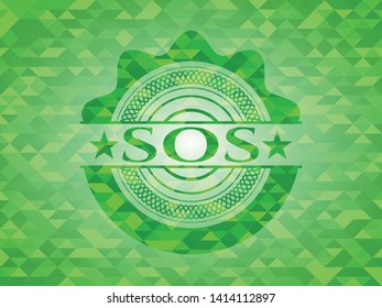 SOS green emblem with triangle mosaic background. Vector Illustration. Detailed.