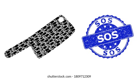 Sos grunge round stamp and vector recursive collage butchery knife. Blue stamp seal contains Sos tag inside round shape. Vector collage is constructed from repeating butchery knife icons.