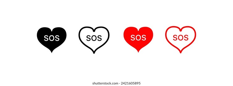 SOS hearts icons. SOS buttons. Silhouette, linear and flat style. Vector icons