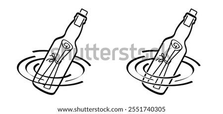 sos or help, paper mail in bottle in the sea or river. Letter paper hope message. letter hope in ocean. Parchment in bottle or pirate message. Glass bottle with message, floats in the water wave. 