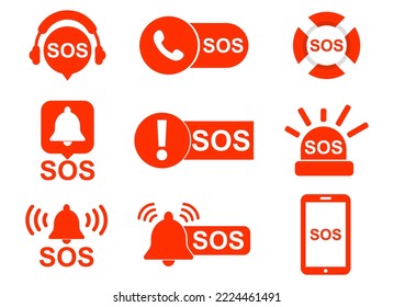 SOS,  helpline dispatcher, ambulance and emergency service, survival, rescue and lifesavers. Collection of red flat icons or symbols.  vector