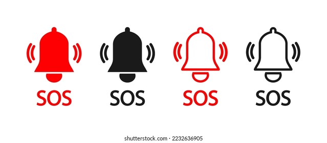 Icono SOS. Botón de alarma para teléfono móvil. Señal de la Campana para emergencias. Símbolo del servicio 911. Logo gráfico rojo y negro de rescate y urgencia. Llamado a apoyo. Vector.