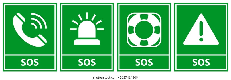 SOS icon set. SOS Emergency alarm button, rescue lifebuoy, emergency call symbol and caution sign. Rescue sign labels.