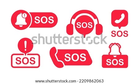 SOS icon set. Emergency signs collection. SOS bell red icon. Emergency hotline. SOS emergency call. Vector illustration.