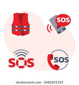 SOS icon set illustrate with various action in red and grey cartoon style