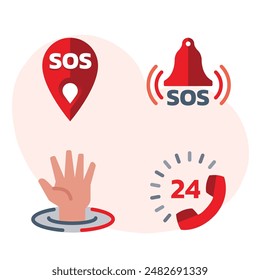 SOS icon set illustrate with various action in red and grey cartoon style