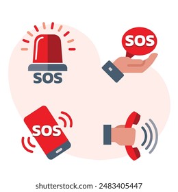 SOS icon set illustrate with various action in red and grey cartoon style